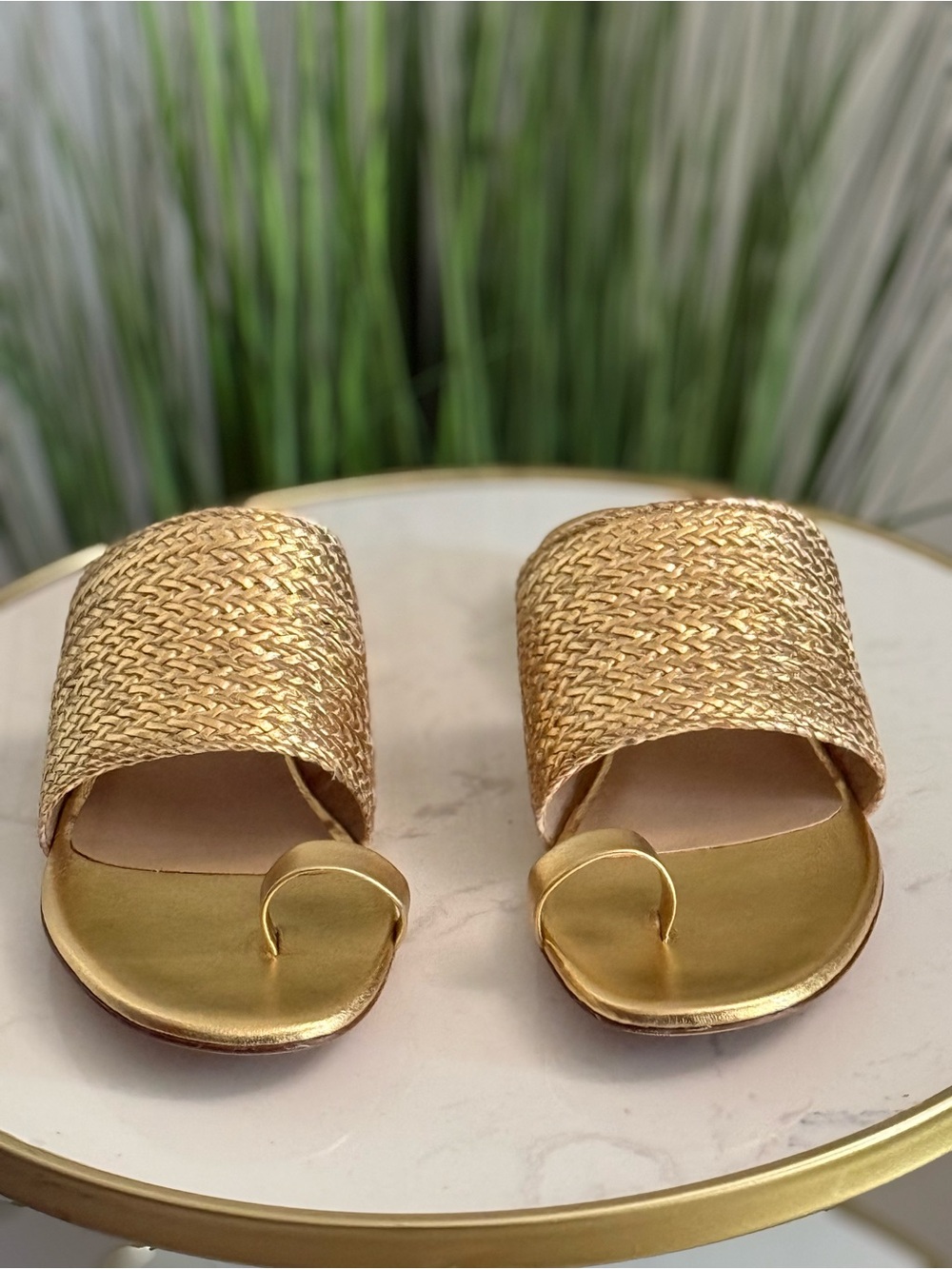NIB Jon Josef Amica Gold Woven Leather Toe-Ring Slide Sandals - Women
